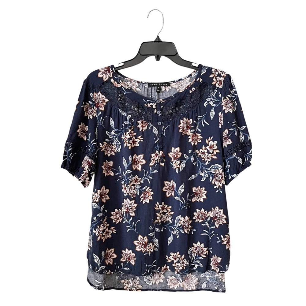 Navy Floral Short-Sleeve Blouse with Lace Trim